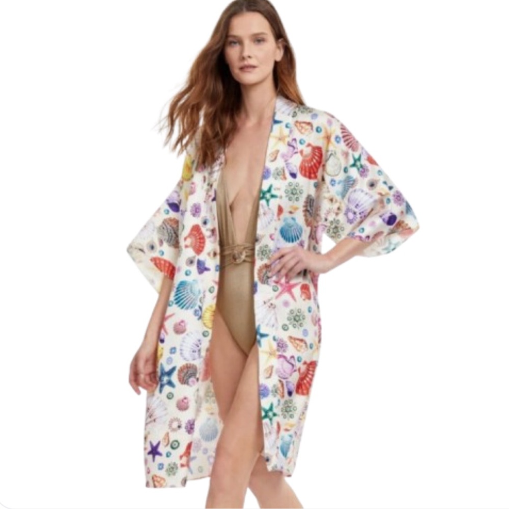 NEW Gottex Kimono Robe Lingerie Sleepwear White Sand Seashells Intimates Large